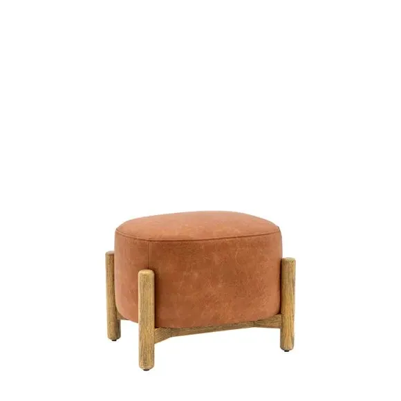 Upholstered Footstool with Wooden Base - Brown, Leather