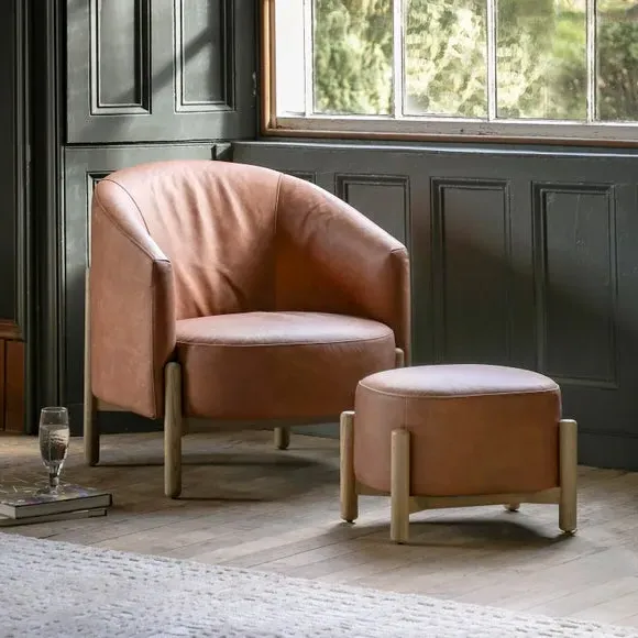 Upholstered Footstool with Wooden Base - Brown, Leather image