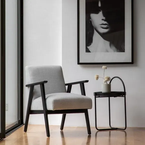 Wooden Arm Accent Chair - Grey, Linen