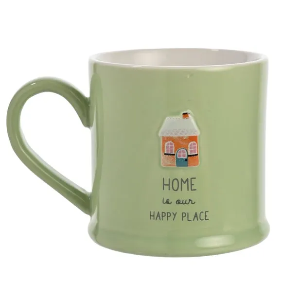 Embossed Mug with Home Motif - Green, Ceramic