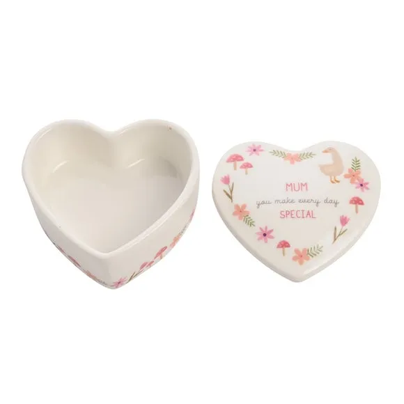 Heart Trinket Box with Floral Design - White, Ceramic