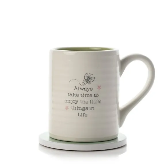 Mug & Coaster Set with Quote - Green, Earthenware