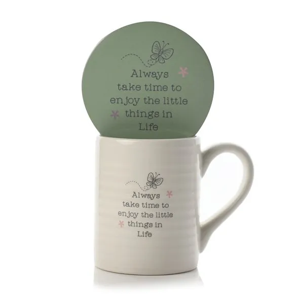 Mug & Coaster Set with Quote - Green, Earthenware image