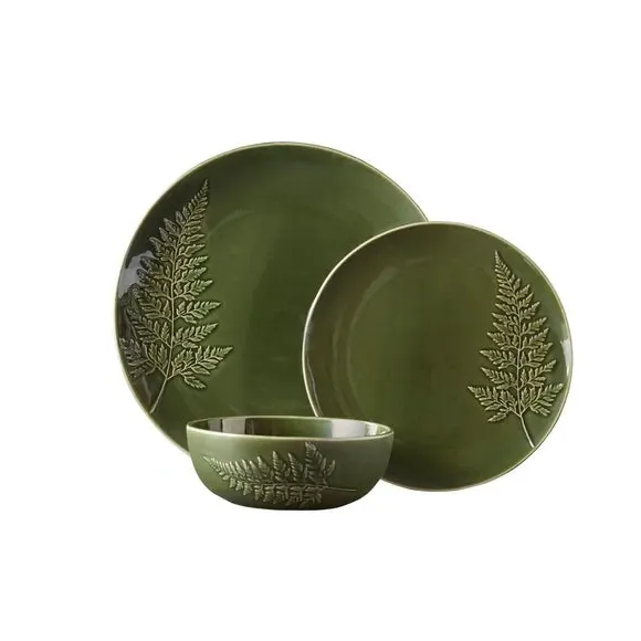 12 Piece Dinner Set Embossed - Fern, Stoneware