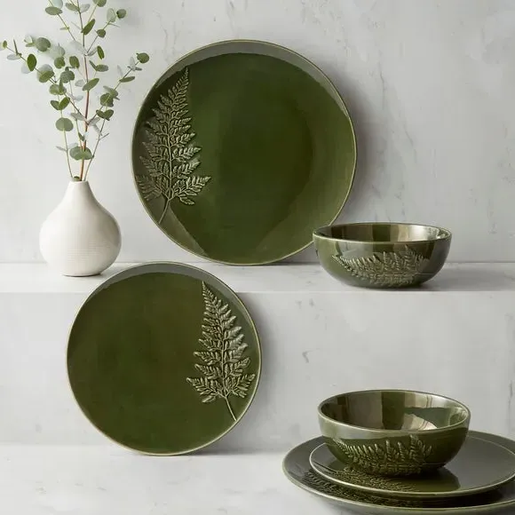 12 Piece Dinner Set Embossed - Fern, Stoneware
