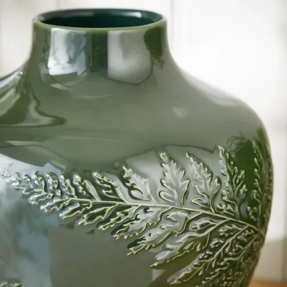 Balloon Vase with Embossed Design - Olive, Ceramic