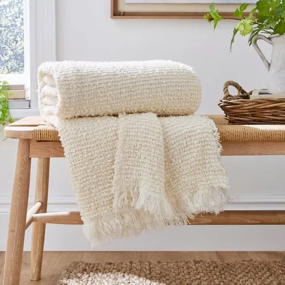 Boucle Throw Blanket with Fringe - Ivory