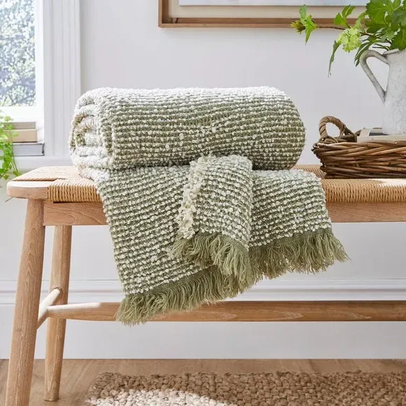 Boucle Throw Blanket with Fringe - Sage