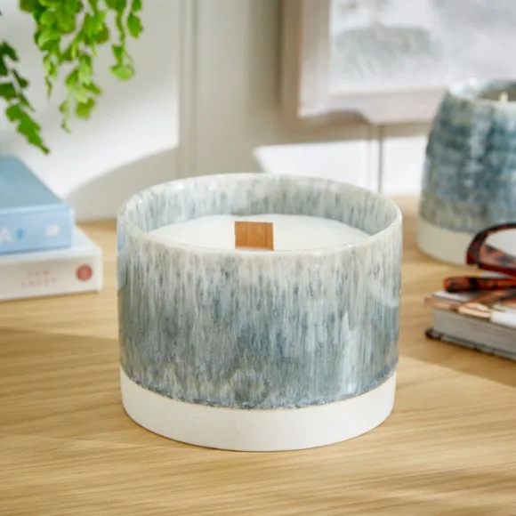 Crackle Candle with Wooden Wick - Blue, Ceramic