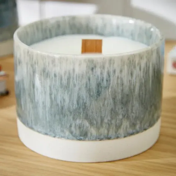 Crackle Candle with Wooden Wick - Blue, Ceramic