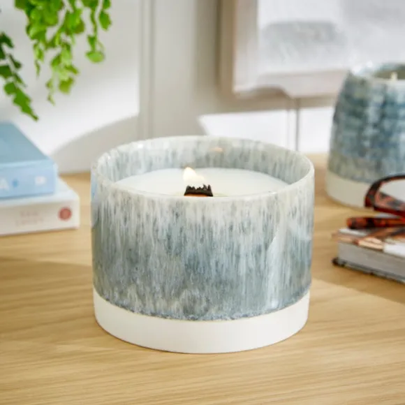 Crackle Candle with Wooden Wick - Blue, Ceramic image