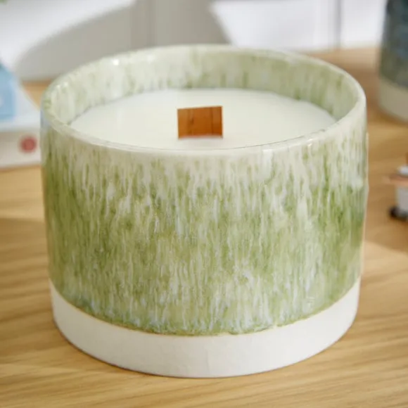 Crackle Candle with Wooden Wick - Green, Ceramic