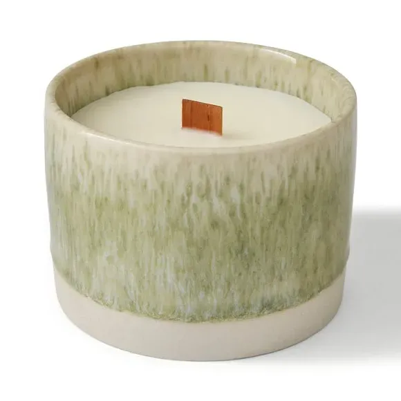 Crackle Candle with Wooden Wick - Green, Ceramic