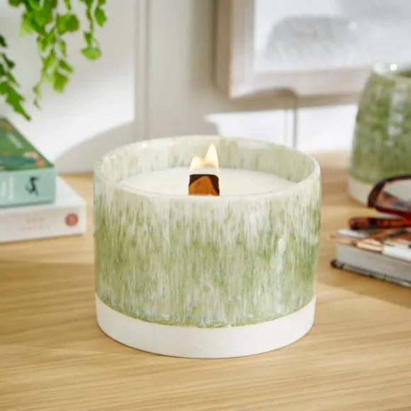 Crackle Candle with Wooden Wick - Green, Ceramic image