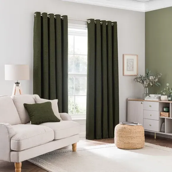 Eyelet Curtains with Lining - Dark Olive, Boucle