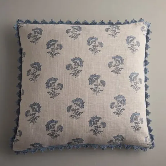 Floral Cushion Cover with Scalloped Trim - Blue