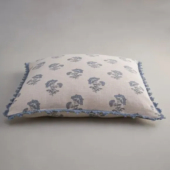 Floral Cushion Cover with Scalloped Trim - Blue