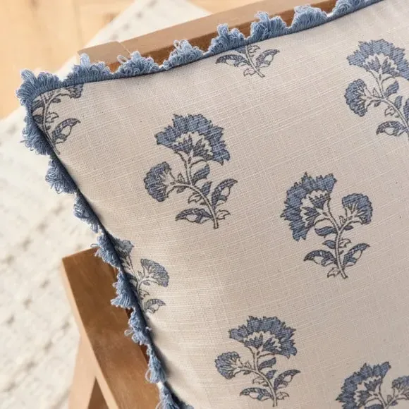 Floral Cushion Cover with Scalloped Trim - Blue