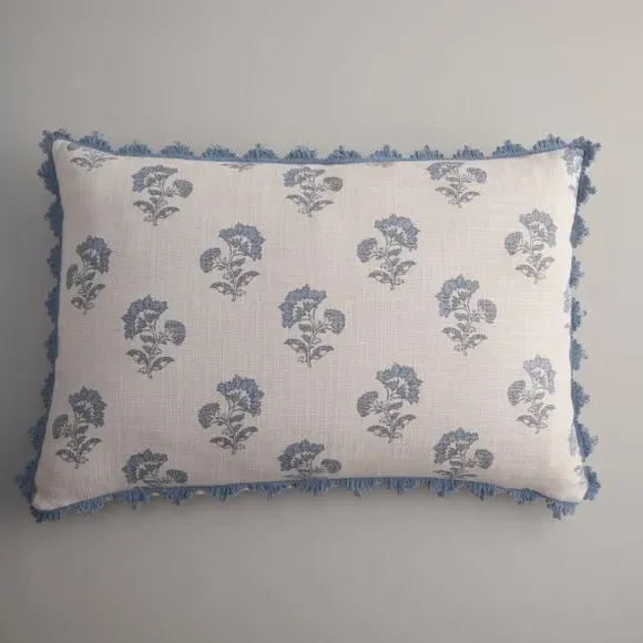 Floral Cushion Cover with Scalloped Trim - Blue