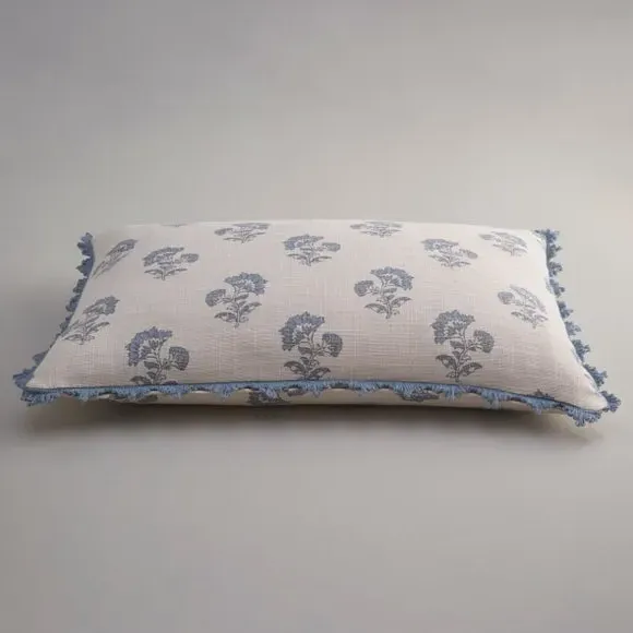 Floral Cushion Cover with Scalloped Trim - Blue