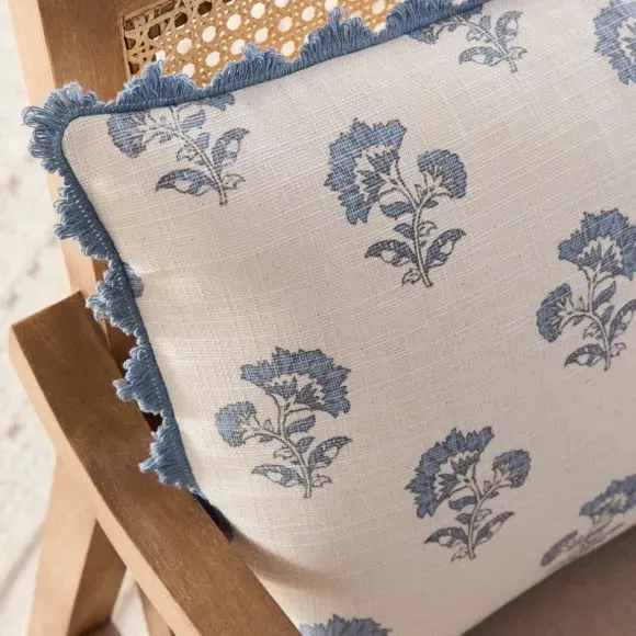 Floral Cushion Cover with Scalloped Trim - Blue