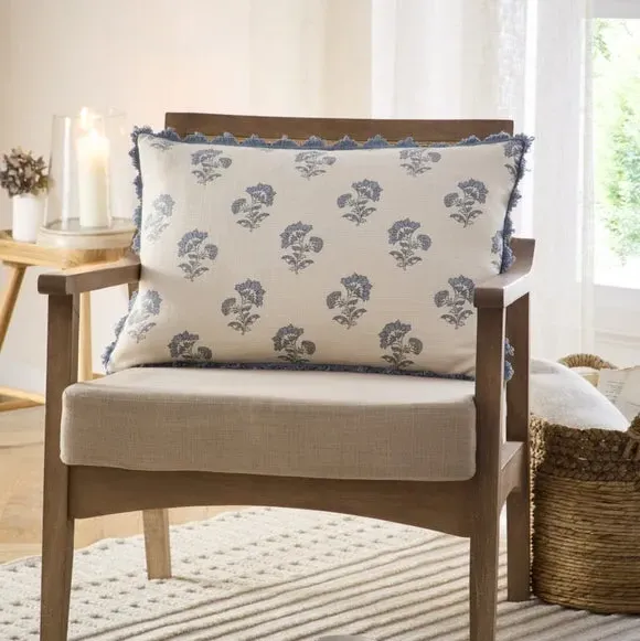 Floral Cushion Cover with Scalloped Trim - Blue image