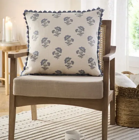 Floral Cushion Cover with Scalloped Trim - Blue