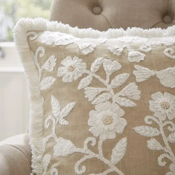 Floral Cushion with Fringe - Natural