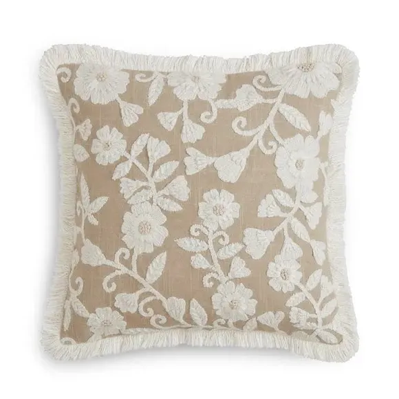 Floral Cushion with Fringe - Natural