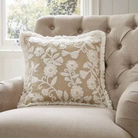 Floral Cushion with Fringe - Natural image