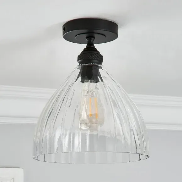 Flush Ceiling Light with Ribbed Glass - Black