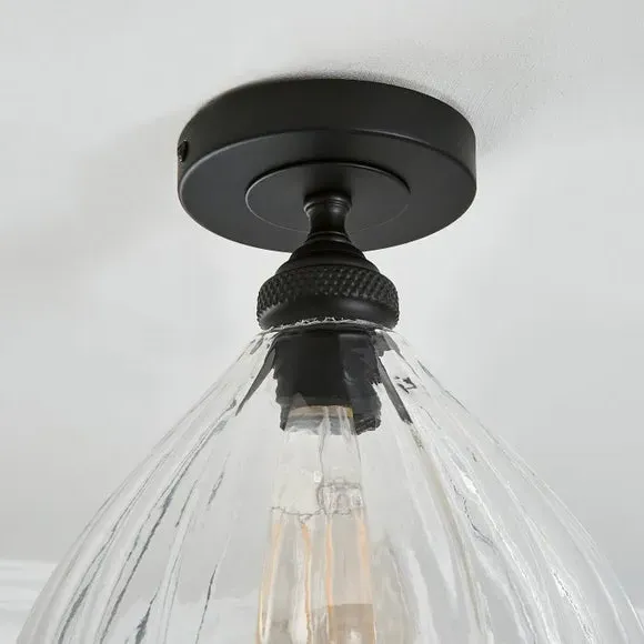 Flush Ceiling Light with Ribbed Glass - Black