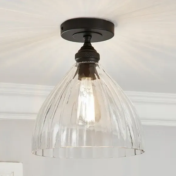 Flush Ceiling Light with Ribbed Glass - Black image