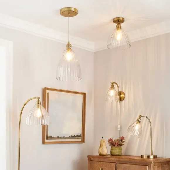 Flush Ceiling Light with Ribbed Glass - Brass