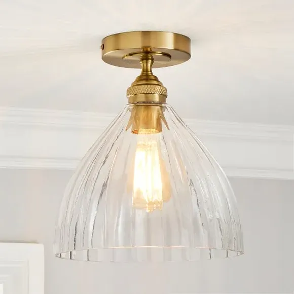 Flush Ceiling Light with Ribbed Glass - Brass
