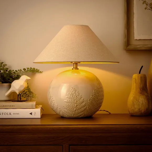 Globe Table Lamp with Embossed Fern - Ivory, Ceramic