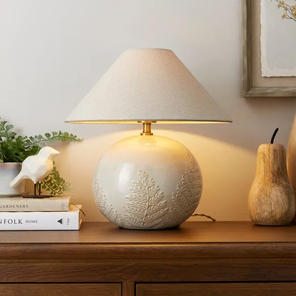 Globe Table Lamp with Embossed Fern - Ivory, Ceramic image