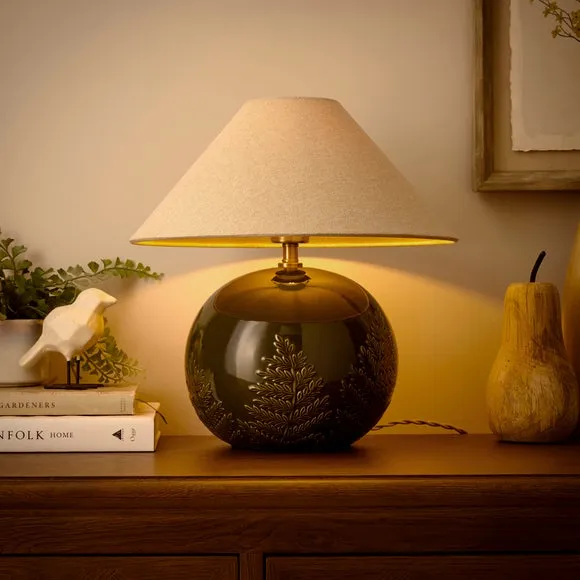 Globe Table Lamp with Embossed Fern - Olive, Ceramic