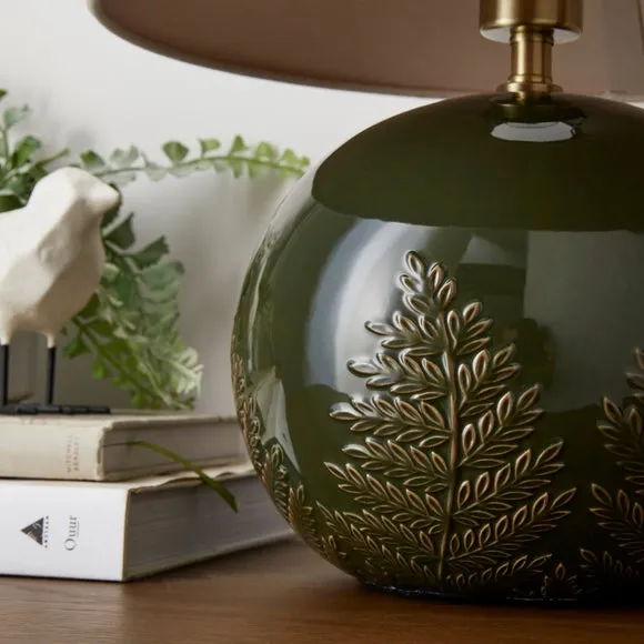 Globe Table Lamp with Embossed Fern - Olive, Ceramic