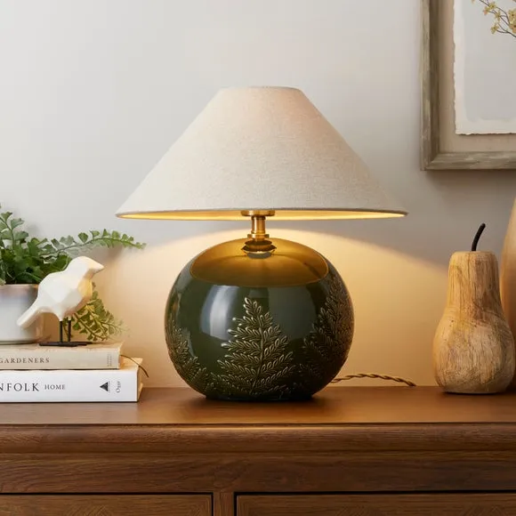 Globe Table Lamp with Embossed Fern - Olive, Ceramic