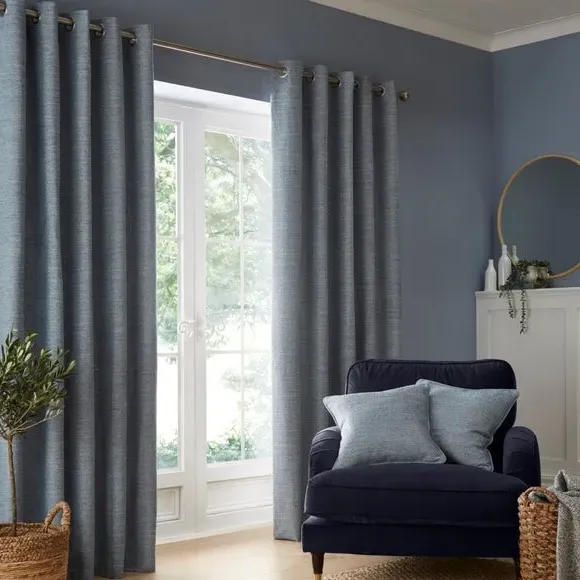Herringbone Eyelet Curtains - Blue, Polyester