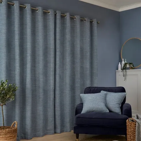 Herringbone Eyelet Curtains - Blue, Polyester