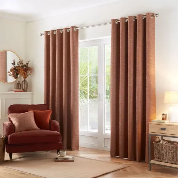 Herringbone Eyelet Curtains - Butterscotch, Polyester