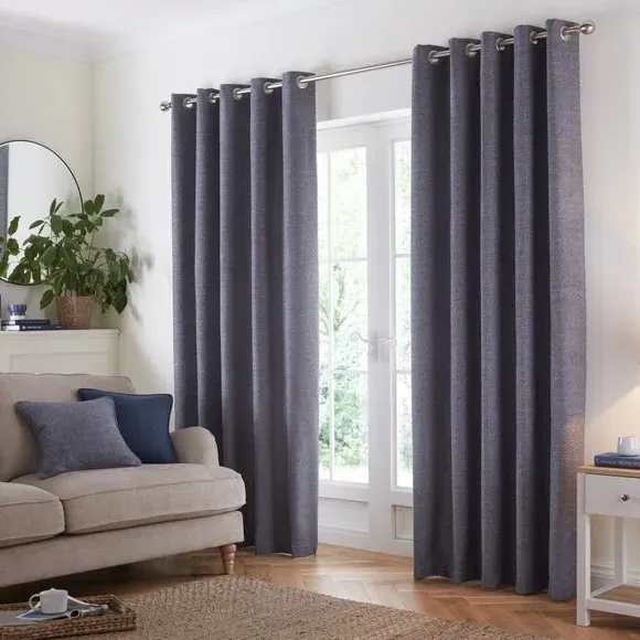 Herringbone Eyelet Curtains - Denim, Polyester