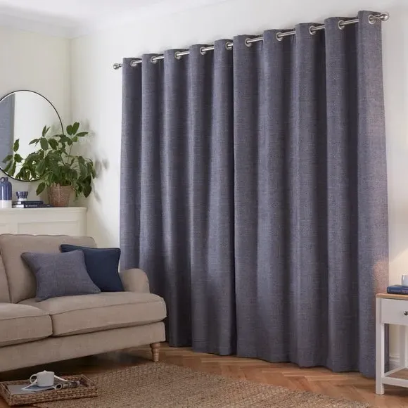 Herringbone Eyelet Curtains - Denim, Polyester
