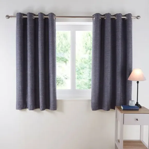 Herringbone Eyelet Curtains - Denim, Polyester