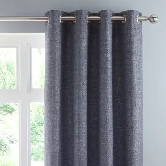 Herringbone Eyelet Curtains - Denim, Polyester