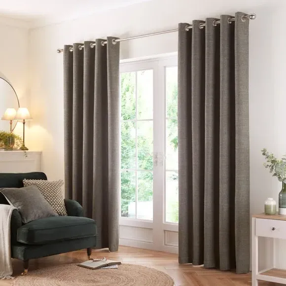Herringbone Eyelet Curtains - Olive, Polyester