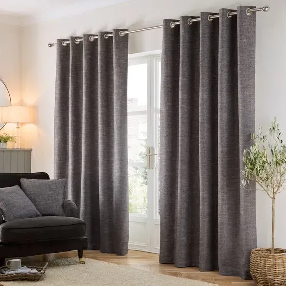 Herringbone Eyelet Curtains - Steel, Polyester