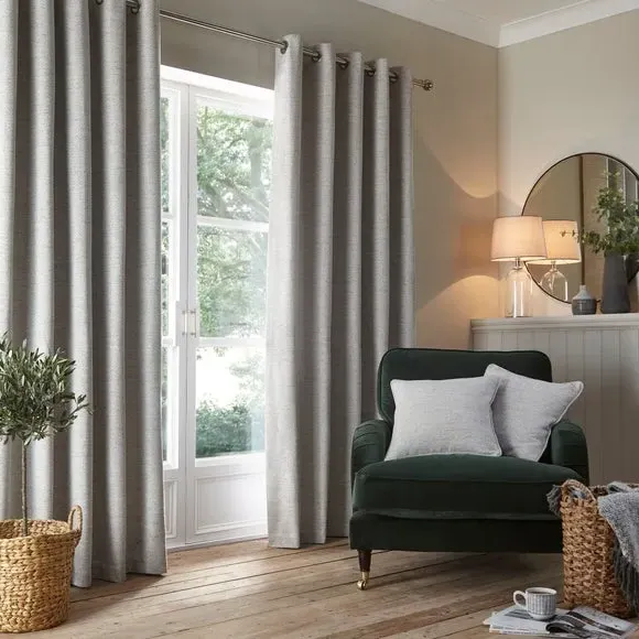 Herringbone Eyelet Curtains - White, Polyester